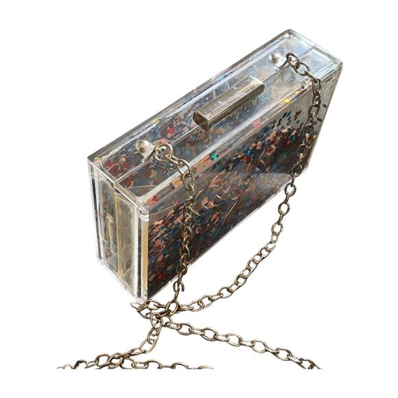 Acrylic Confetti Glitter Hard Clutch Purse Handbag chain strap clear rainbow y2k - Picture 9 of 14